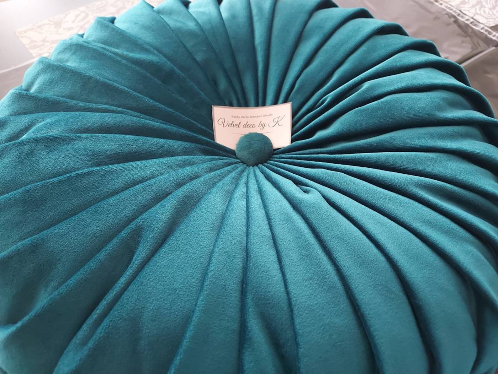 Round Velvet Pillow// Handmade Velvet Cushion// Decorative Green Luxury