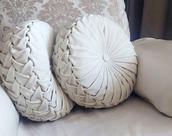 Round velvet pillow// Handmade round velvet cushion// Decorative red luxury pillow // Canadian smocking round cushion