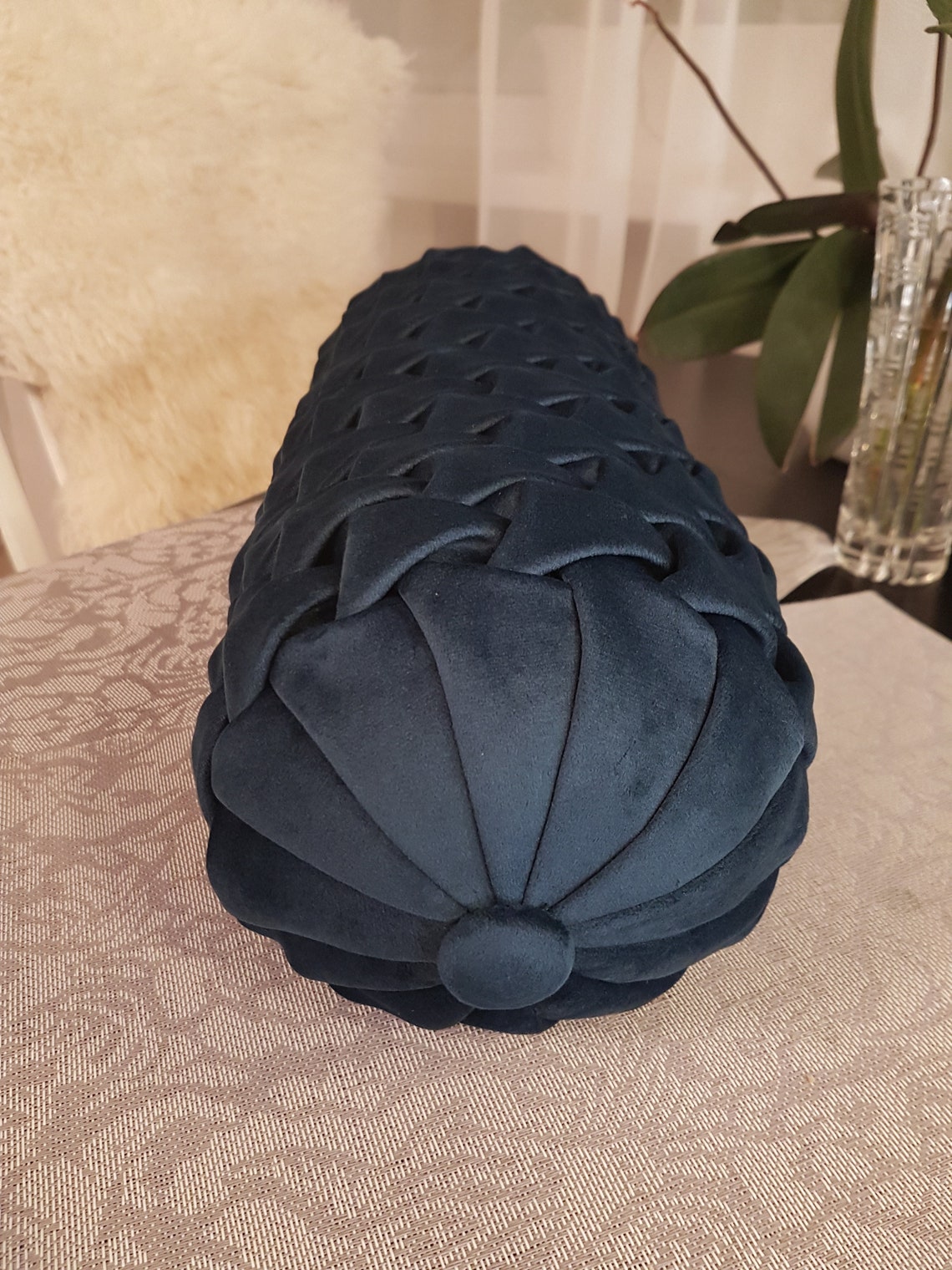 Navy Blue Velvet Bolster Pillow// Handmade Velvet Canadian Smocking