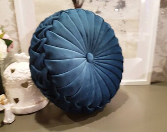 Round velvet pillow// Handmade round velvet cushion// Decorative blue luxury pillow // Canadian smocking round cushion