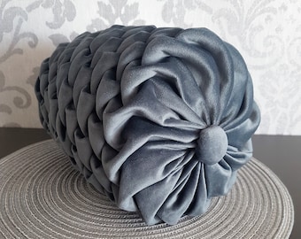 Grey velvet bolster pillow// Handmade velvet canadian smocking cushion// Decorative grey luxury pillow //