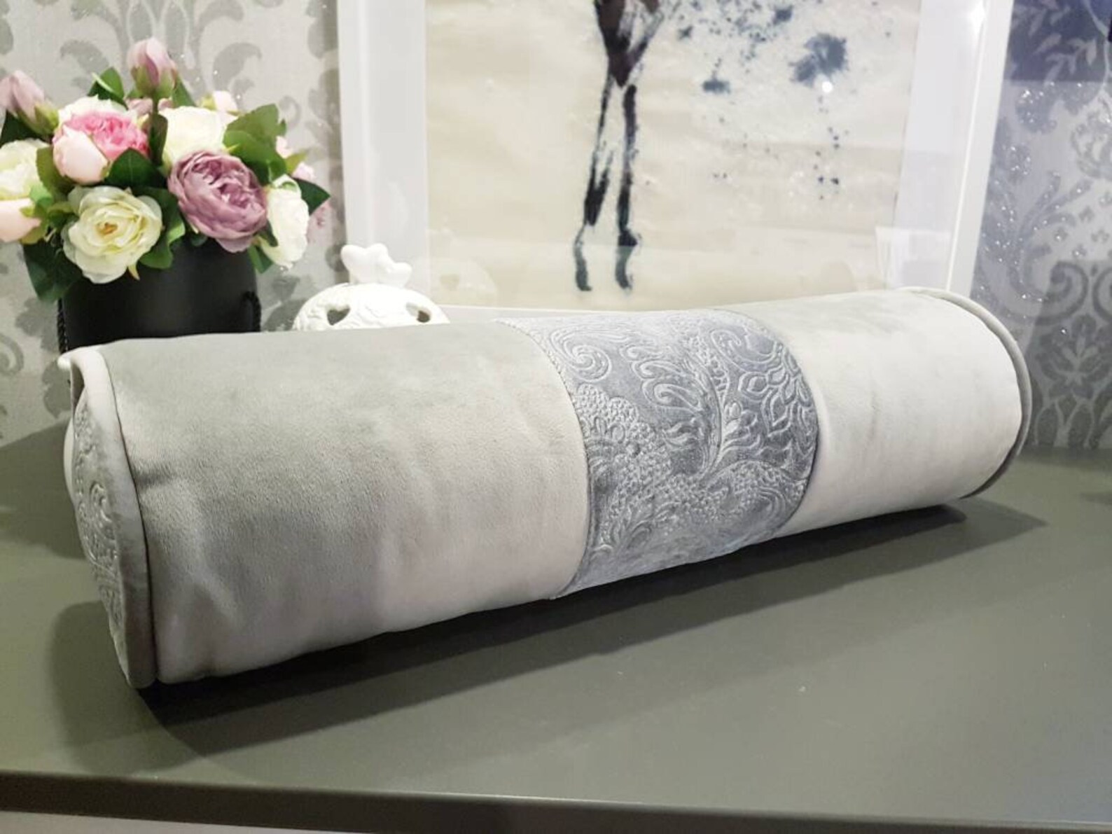 Grey Decorative Velvet Bolster Pillow// Handmade Velvet Etsy