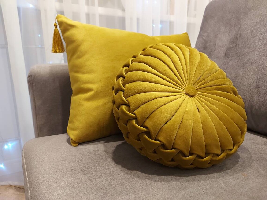 Round Velvet Pillow// Handmade Velvet Cushion// Decorative Yellow