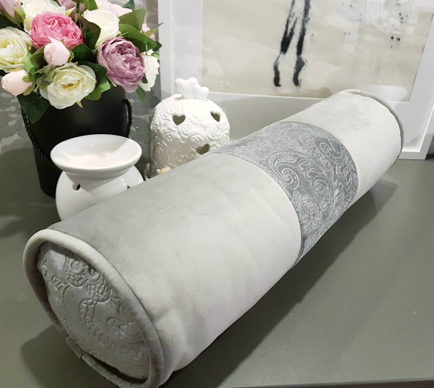 Grey Decorative Velvet Bolster Pillow// Handmade Velvet Etsy