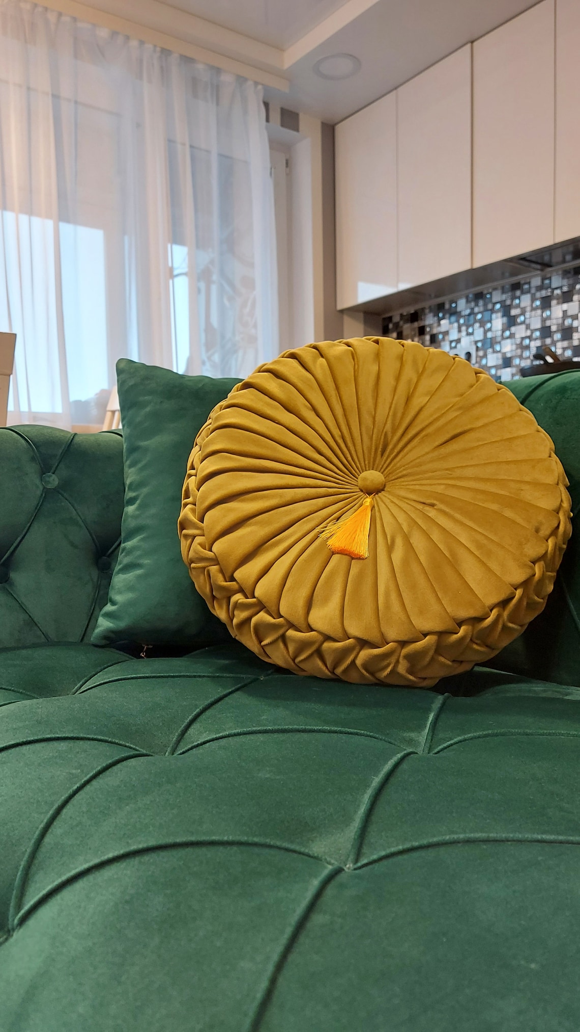 Round Velvet Pillow// Handmade Velvet Cushion// Decorative Yellow