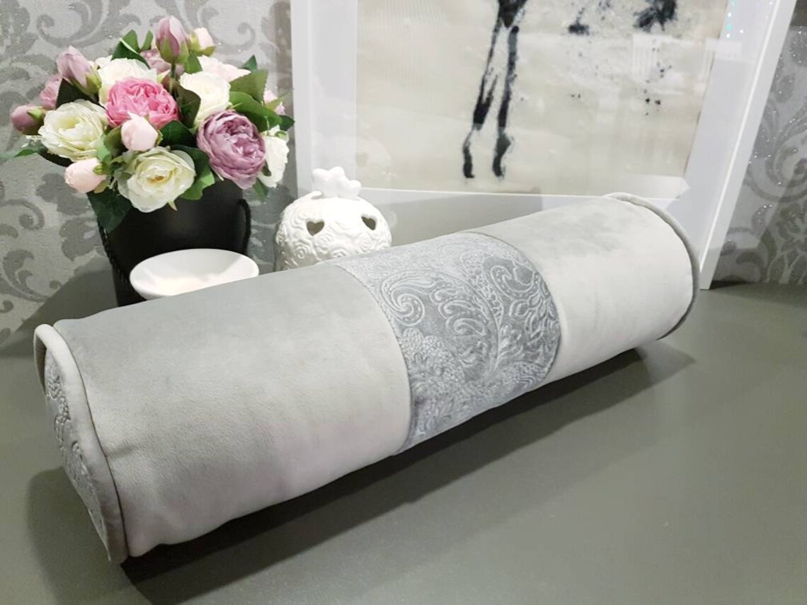 Grey Decorative Velvet Bolster Pillow// Handmade Velvet Etsy