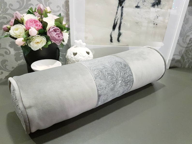 Grey decorative velvet bolster pillow// Handmade velvet Etsy