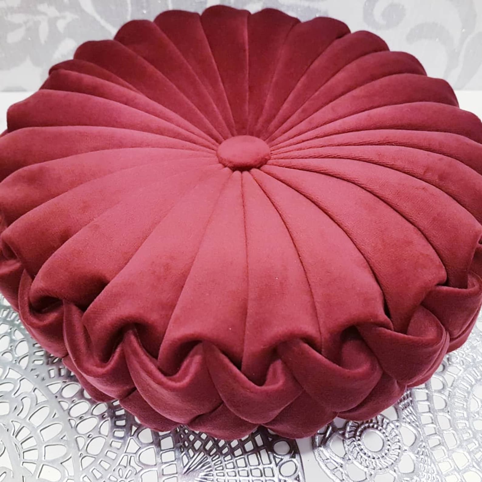 Round Velvet Pillow// Handmade Velvet Cushion// Decorative Red Luxury Pillow // Canadian