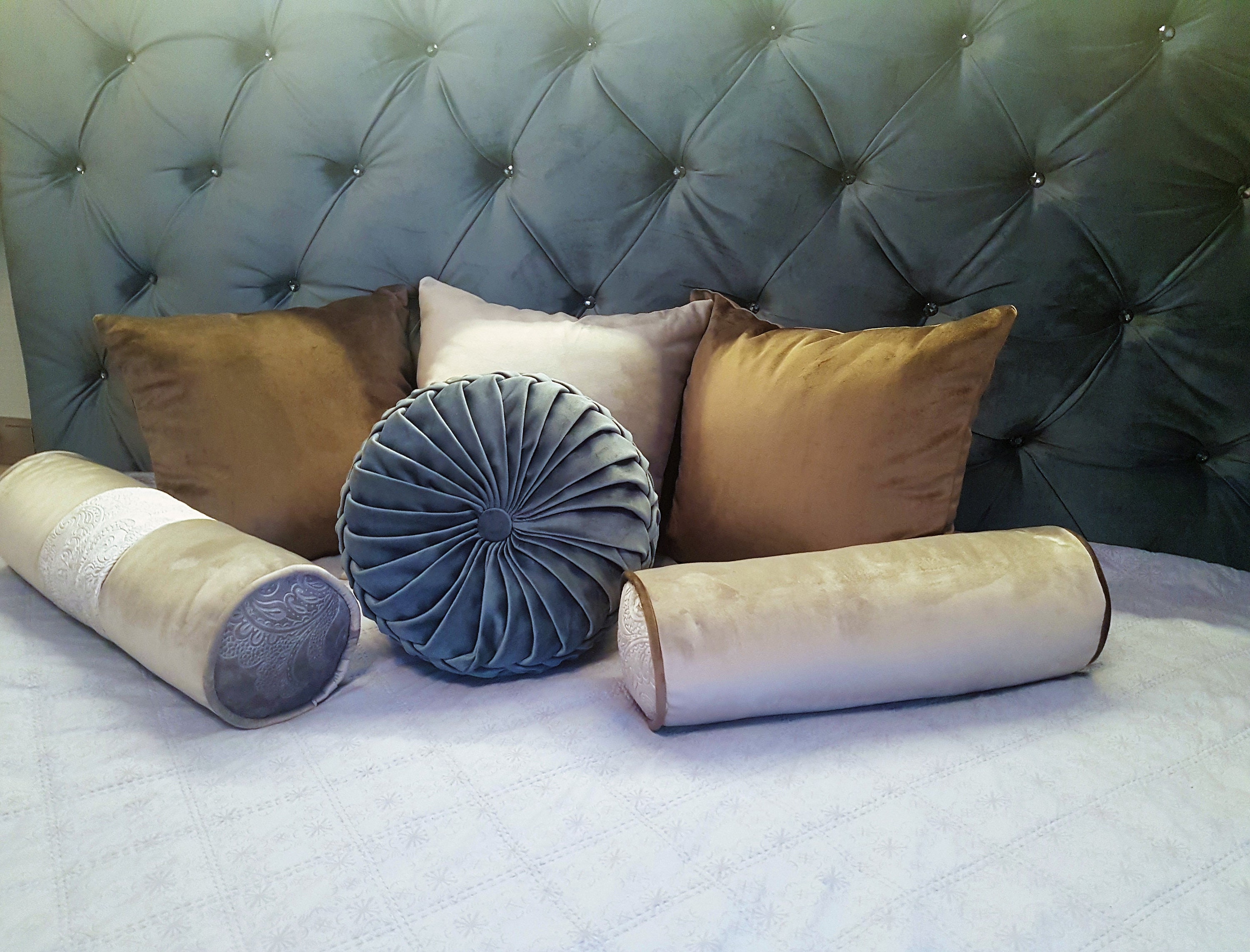 Grey Decorative Velvet Bolster Pillow// Handmade Velvet Bolster Cushion