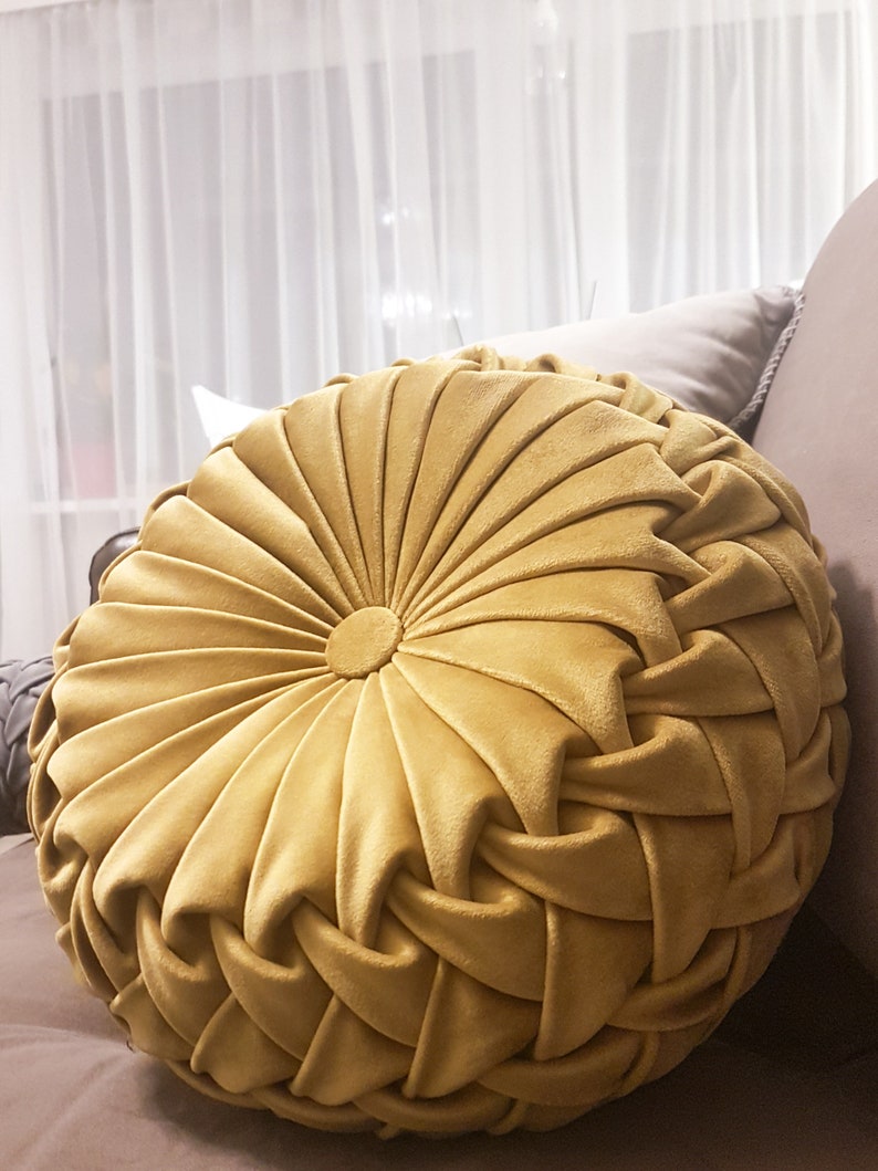 Round Velvet Pillow// Handmade Velvet Cushion// Decorative Yellow