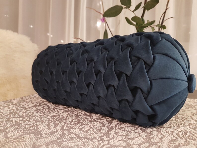 Navy Blue Velvet Bolster Pillow// Handmade Velvet Canadian Smocking