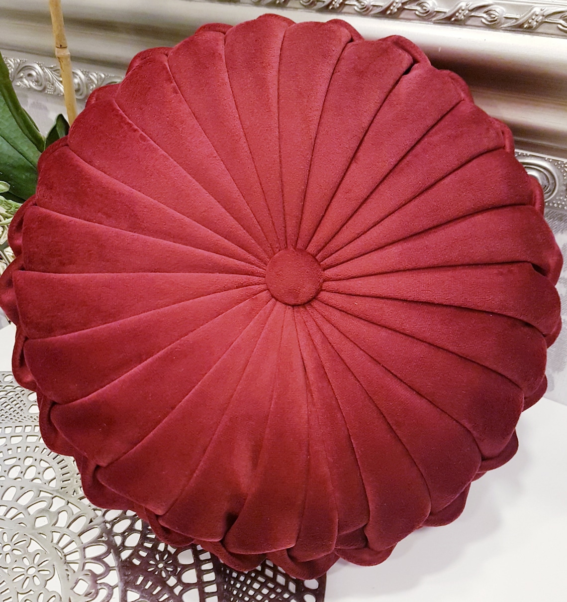 Round Velvet Pillow// Handmade Velvet Cushion// Decorative Red Luxury