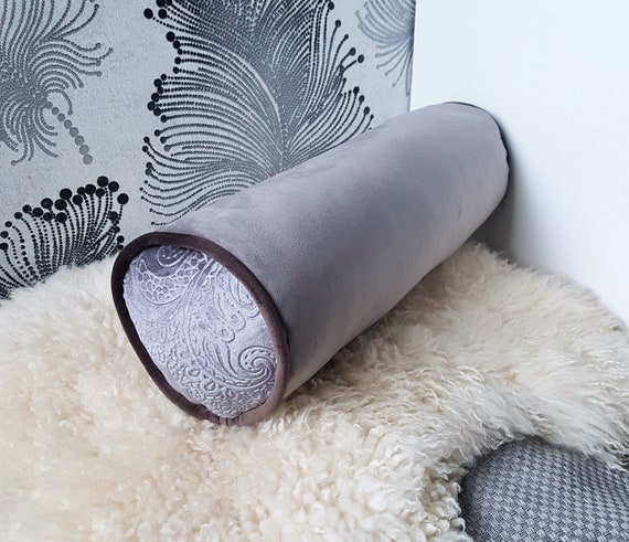 grey velvet bolster cushion