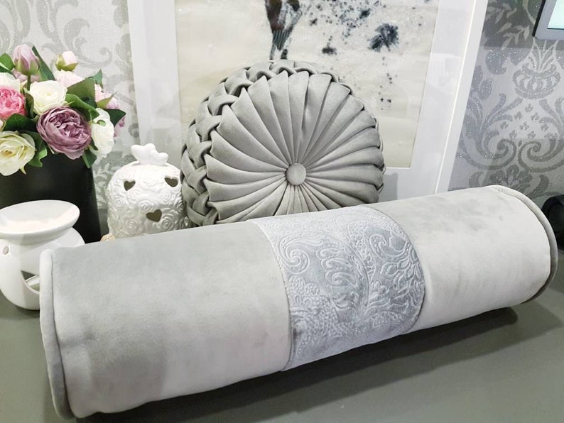 Grey Decorative Velvet Bolster Pillow// Handmade Velvet Etsy