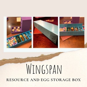 May include: A blue and purple 3D printed storage box for Wingspan game pieces. The box has compartments for storing resources and eggs. The box is labeled "Wingspan Resource and Egg Storage Box".