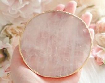 Rose Quartz Coaster, Gold Electroplated Natural Pink Coaster Round Stone Coaster Set Home Decor Drink Ware Glass Pad 4'' Protective Bumper