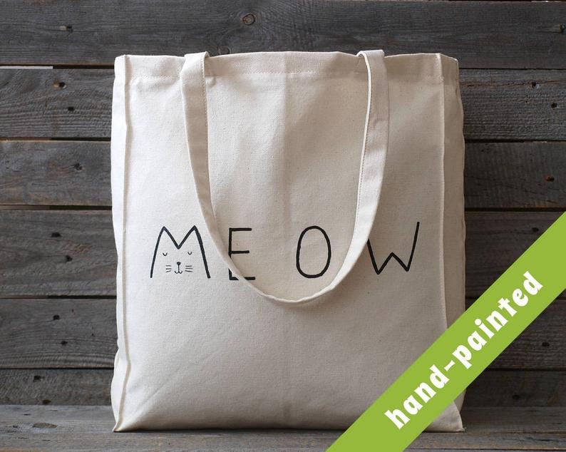 Meow cat purse hand painted cotton eco tote bag