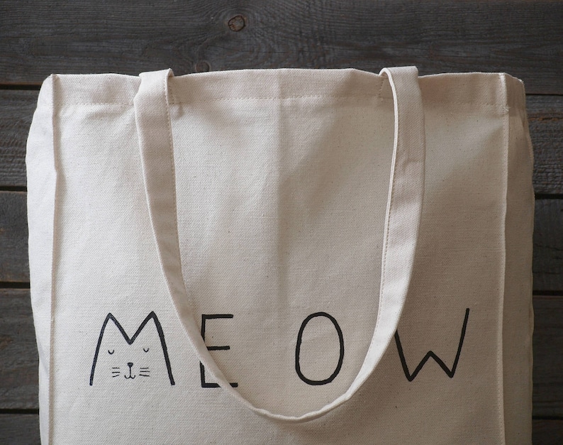 Meow cat purse hand painted cotton eco tote bag
