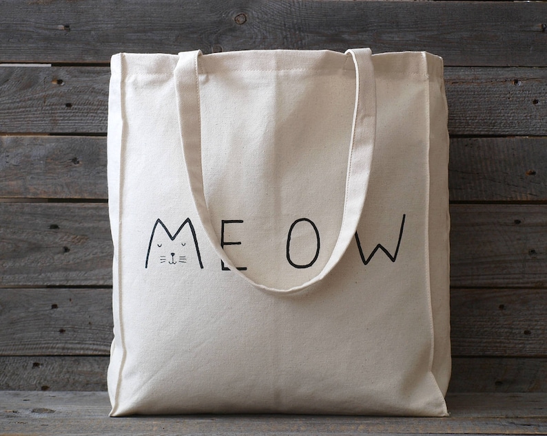 Meow cat purse hand painted cotton eco tote bag