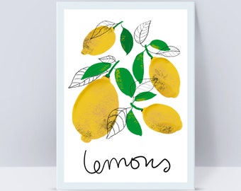 Lemon wall art print, Yellow kitchen art, Citrus print, Fruits printable, Lemon illustration, Lemon wall decor, Kitchen wall print, Veggies