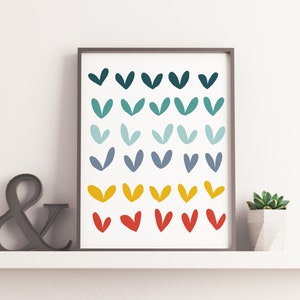 Nursery room nordic art print, Colorful kids room wall art, Blue yellow red heart print, Playroom printable wall art, Scandinavian kids art