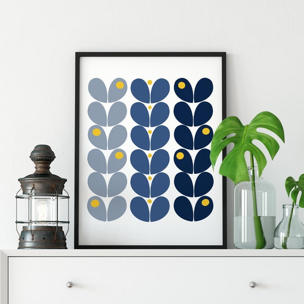 Modern scandinavian print, blue and yellow wall art, Navy blue gray modern art, Navy abstract printable, Printable nordic art, Digital art