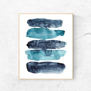 Abstract print, Abstract brush strokes art print, Watercolor wall art minimalist, Navy blue print, Turquoise wall art, Printable abstract