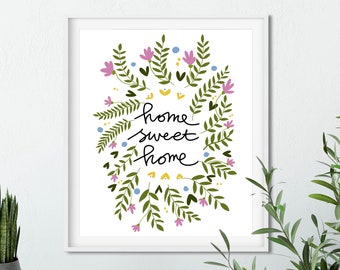 Farmhouse wall art, Home sweet home sign, Floral wreath print, Rustic kitchen print, Entryway wall art, Welcome home print, printable art