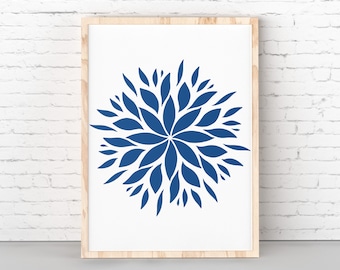 Mandala art print, Blue art printable, Round art floral, boho decor for bedroom, Navy art geometric, blue modern print, mandala poster