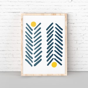Blue geometric print, Arrow art print, Minimal scandinavian art, Minimimalist printable, Tribal art print, Printable art, Navy yellow print