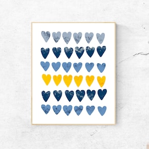 Blue and yellow playroom hearts wall art print, nursery prints, Valentine print, Scandinavian kids wall art, Blue digital print for nursery