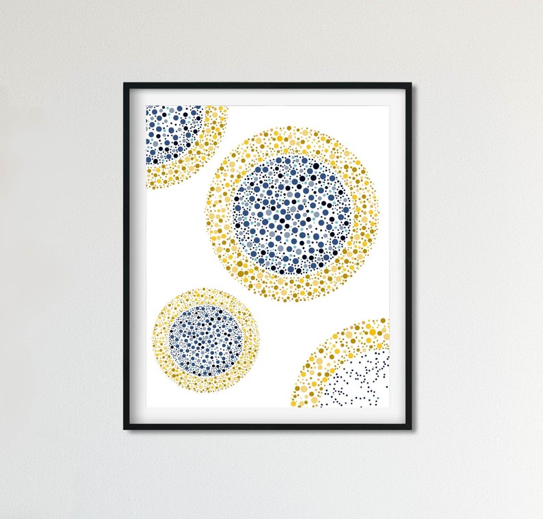 Modern prints download, Blue and yellow poster, Polka dots wall art, Abstract dots printable, Blue scandinavian print, Navy blue poster image 3