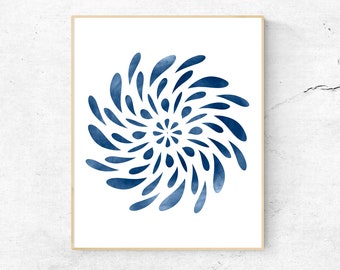 Watercolor mandala printable wall art, Abstract watercolor print, Geometrical wall art, Blue and white modern art, Digital wall art print