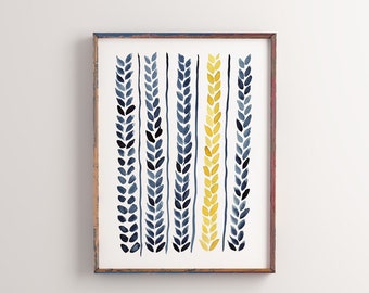 Blue navy watercolor wall art, watercolor printable art, Abstract watercolor painting, Yellow wall art, watercolor leaves prints, scandi