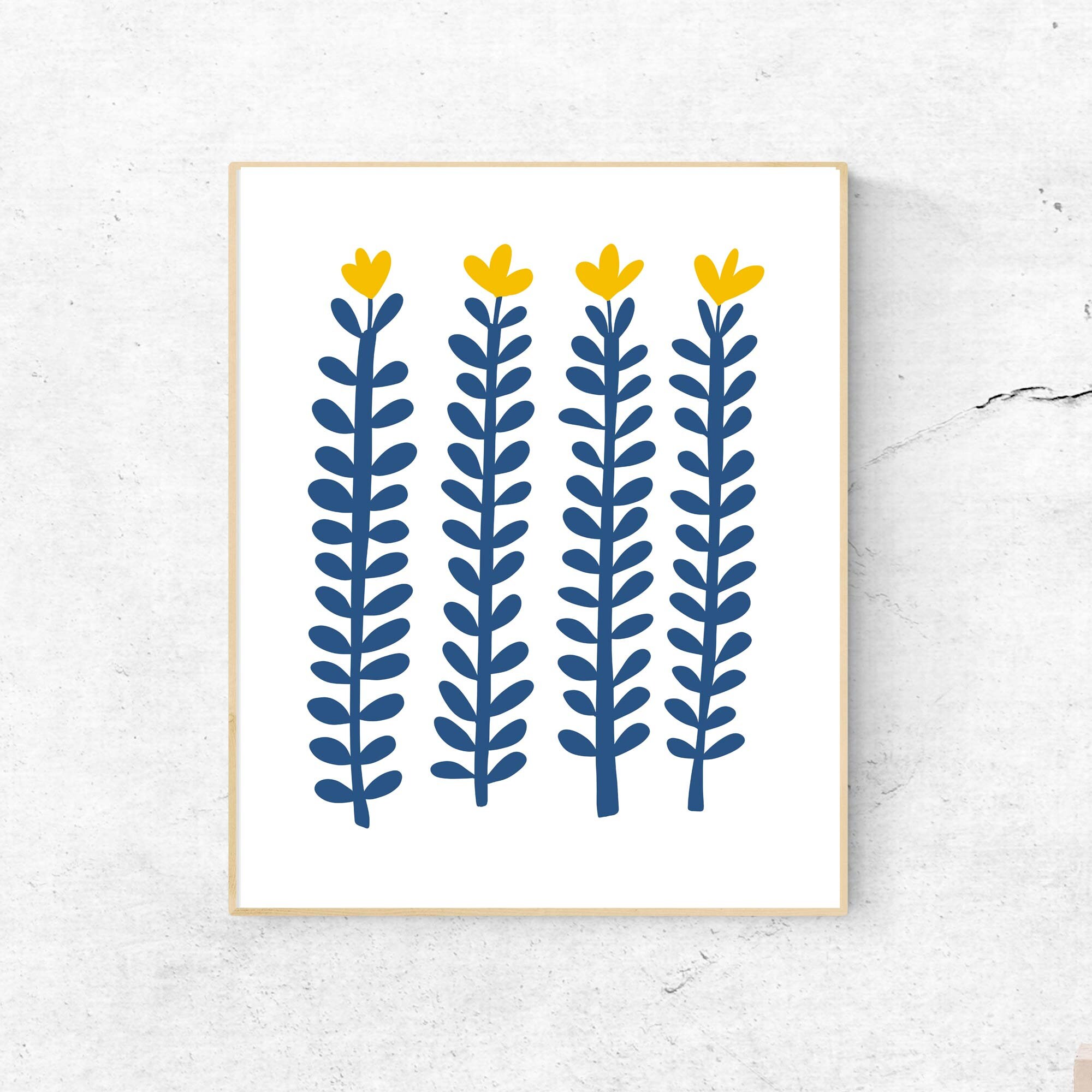 Blue Flower Printable Navy Blue Flower Art Blue and Yellow - Etsy