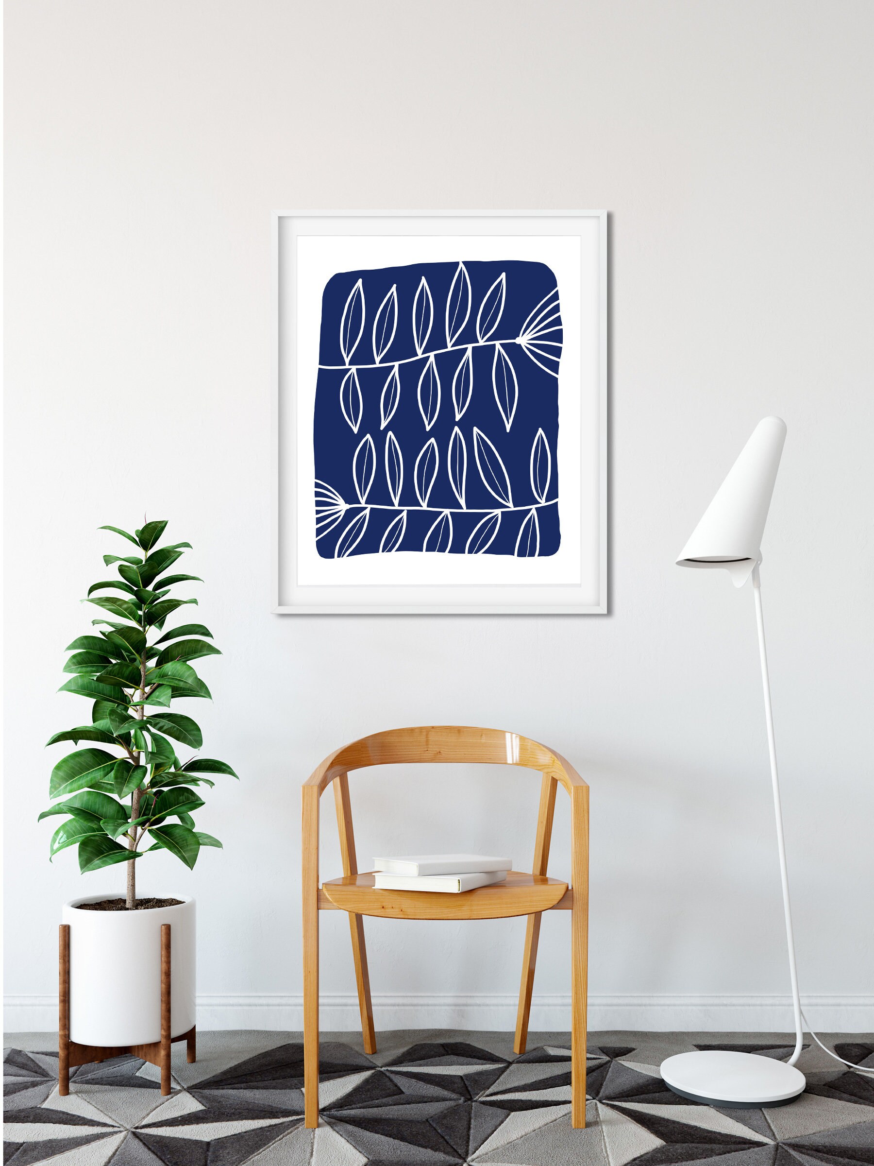 Dark Blue Wall Art With Flowers Print Scandinavian Art Etsy