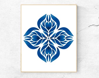 Blue geometric wall decor, Portuguese tile art printable, Floral mandala wall art, Blue and white art modern print, Mediterranean tile print