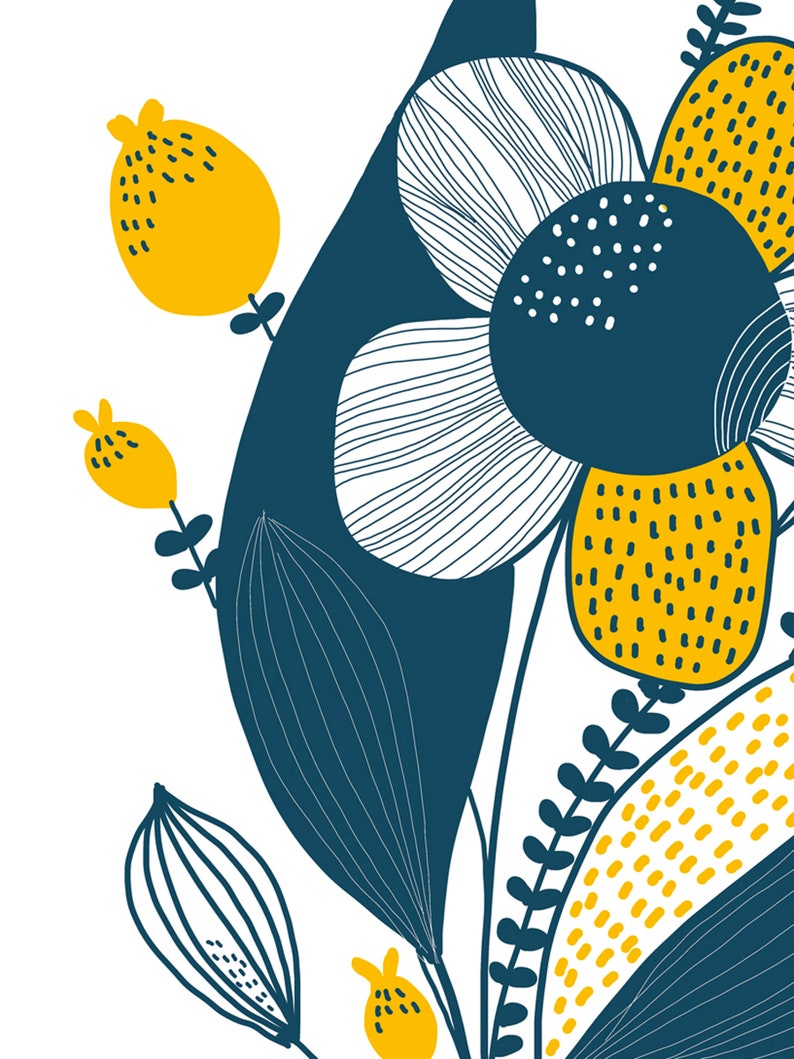 Blue and yellow flowers wall art Modern floral printable art Etsy España