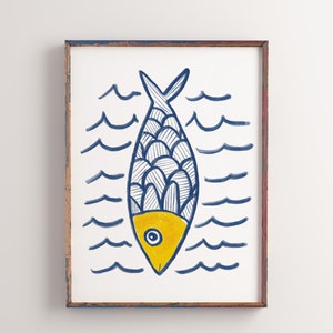 Nautical nursery prints fish, Fish printable wall art, Kids bathroom art, Beach house wall art, Boys room print, Nursery printable, Yellow