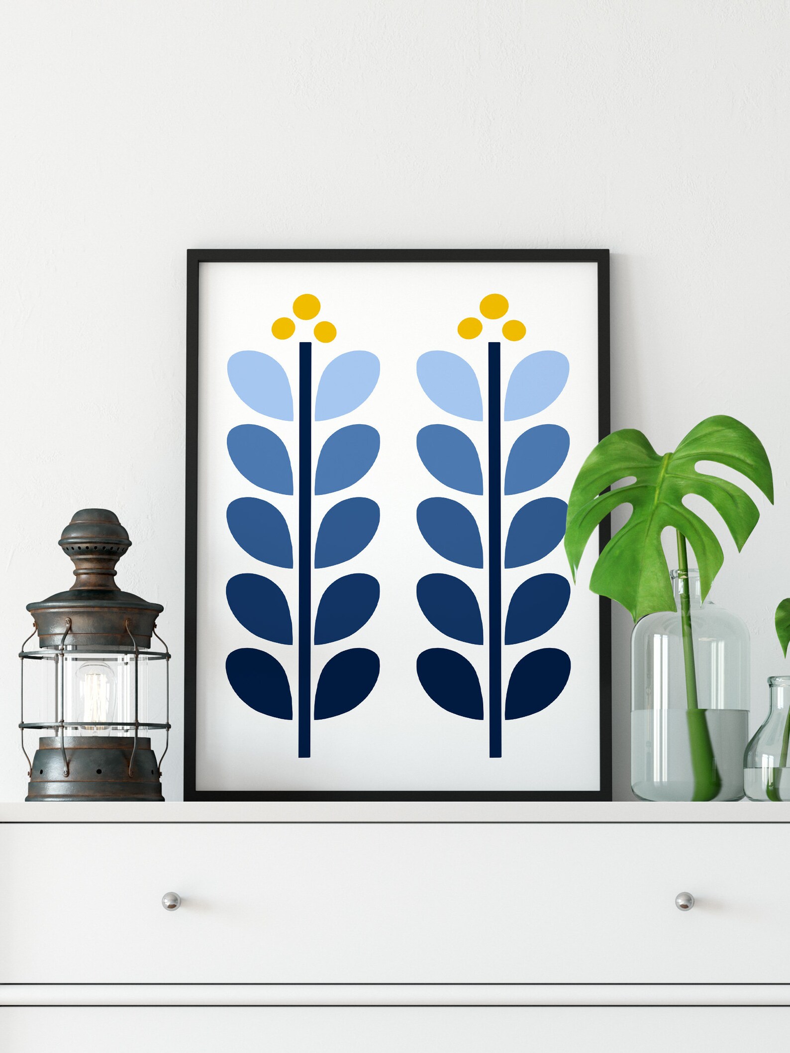 Navy Wall Art Print Scandi Flower Print Retro Modern Print Etsy
