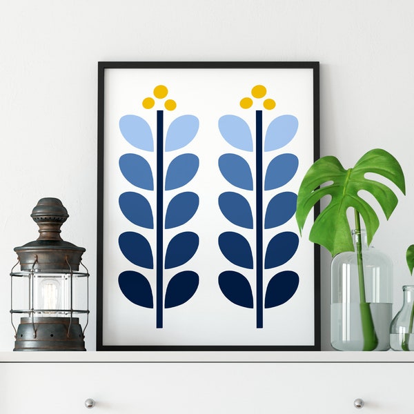 Scandinavian flower wall print, Scandinavian poster, Blue flower printable, Navy blue wall art, Blue leaves print, Retro modern art prints