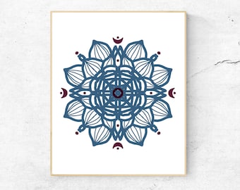 Sacred geometry print, Printable mandala wall art, Blue geometric poster, 16x20 mandala print, Downloadable mandala art, Digital download