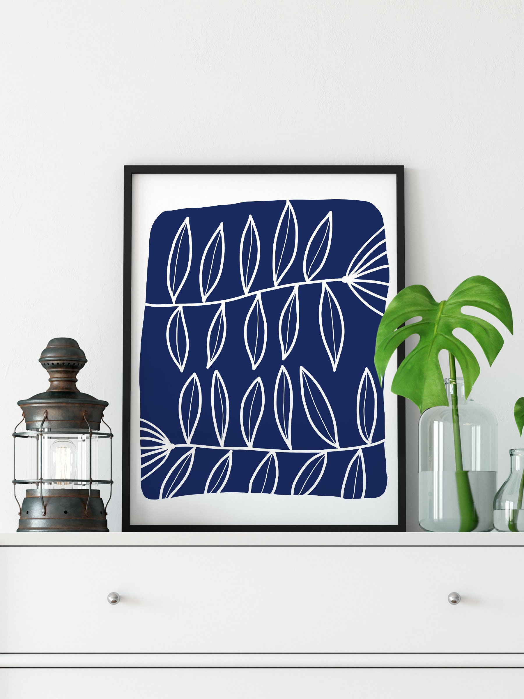 Dark Blue Wall Art With Flowers Print Scandinavian Art Etsy
