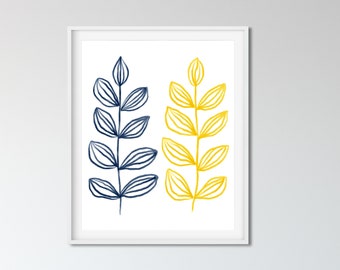 Modern botanical print, Blue yellow botanical poster, Leaves printable art, Printable botanical, Minimalist scandinavian design, Leaf art