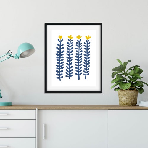 Blue and Yellow Wall Art Prints Scandinavian Print Blue Leaf Etsy