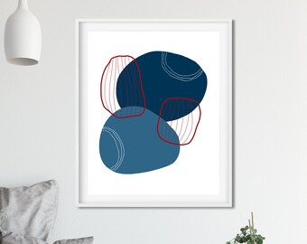 Red and blue abstract art, Geometric abstract print, Abstract poster, Navy abstract, Navy wall art, Modern nordic decor, Scandinavian art