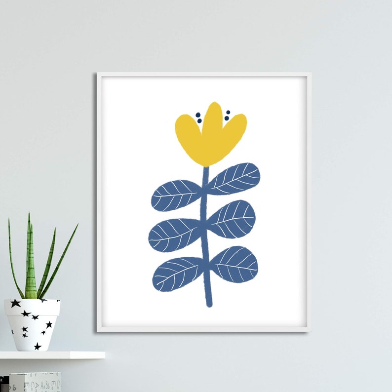 Blue and Yellow Flower Prints Scandinavian Modern Art Blue Etsy