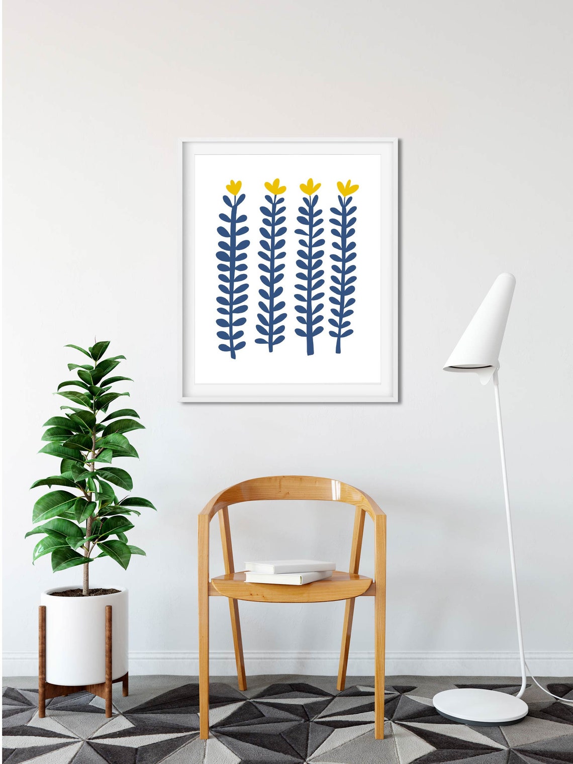 Blue Flower Printable Navy Blue Flower Art Blue and Yellow - Etsy