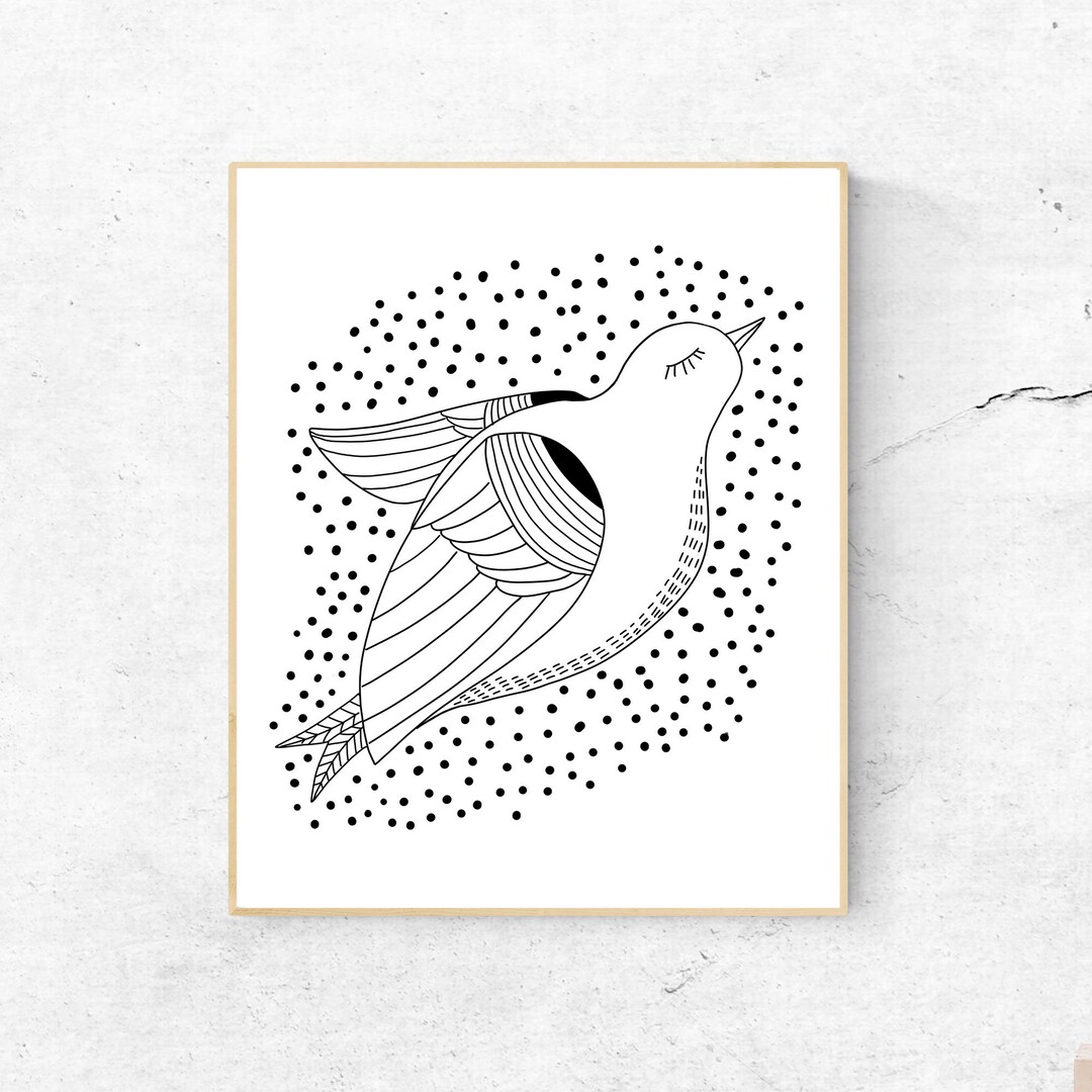 Scandinavian Nursery Wall Art, Black White Bird Illustration, Black and