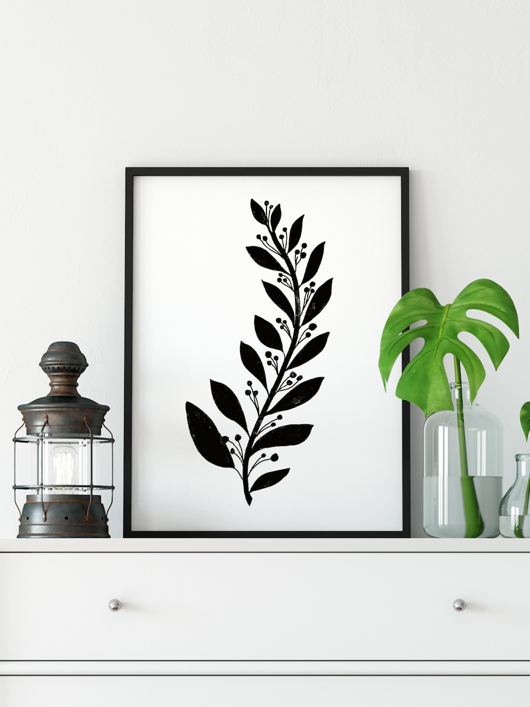 Minimalist Flower Art, Black White Nature Wall Art, Abstract Plant ...